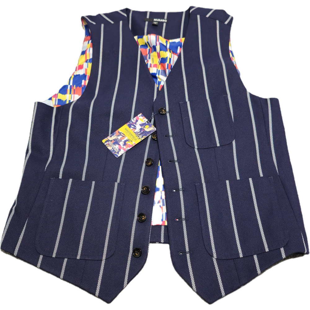 Murano Mens Size M Navy Bankers Chalk Pinstripe Dress Vest Abstract Color Block